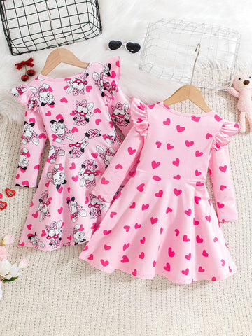 2pcs Young Girl Adorable Pink Cartoon A-Line Long Sleeve Dress Set: Leopard Print Pink Ruffle Cap Sleeve Dress