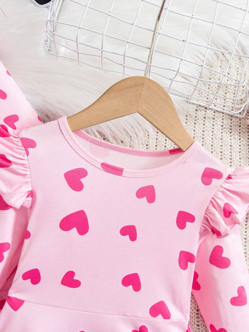 2pcs Young Girl Adorable Pink Cartoon A-Line Long Sleeve Dress Set: Leopard Print Pink Ruffle Cap Sleeve Dress