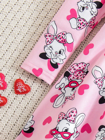 2pcs Young Girl Adorable Pink Cartoon A-Line Long Sleeve Dress Set: Leopard Print Pink Ruffle Cap Sleeve Dress