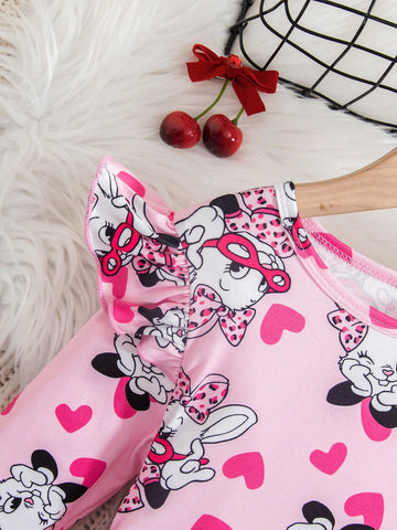 2pcs Young Girl Adorable Pink Cartoon A-Line Long Sleeve Dress Set: Leopard Print Pink Ruffle Cap Sleeve Dress