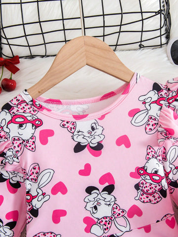 2pcs Young Girl Adorable Pink Cartoon A-Line Long Sleeve Dress Set: Leopard Print Pink Ruffle Cap Sleeve Dress