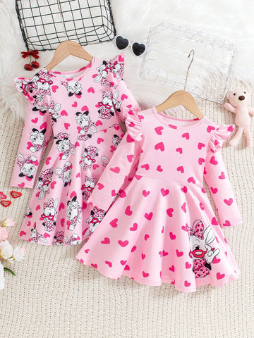 2pcs Young Girl Adorable Pink Cartoon A-Line Long Sleeve Dress Set: Leopard Print Pink Ruffle Cap Sleeve Dress