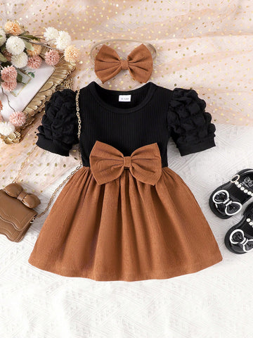 2pcs Young Girl Black Corduroy Patchwork Butterfly Decor Flared Dress