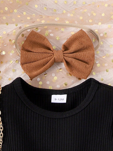 2pcs Young Girl Black Corduroy Patchwork Butterfly Decor Flared Dress