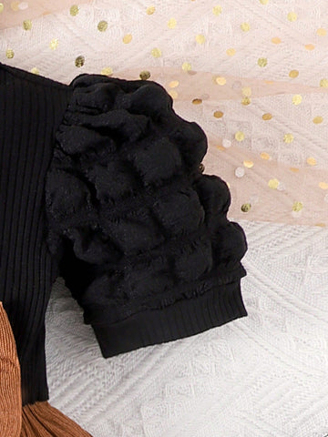 2pcs Young Girl Black Corduroy Patchwork Butterfly Decor Flared Dress