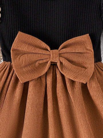 2pcs Young Girl Black Corduroy Patchwork Butterfly Decor Flared Dress