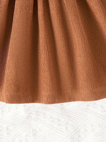 2pcs Young Girl Black Corduroy Patchwork Butterfly Decor Flared Dress