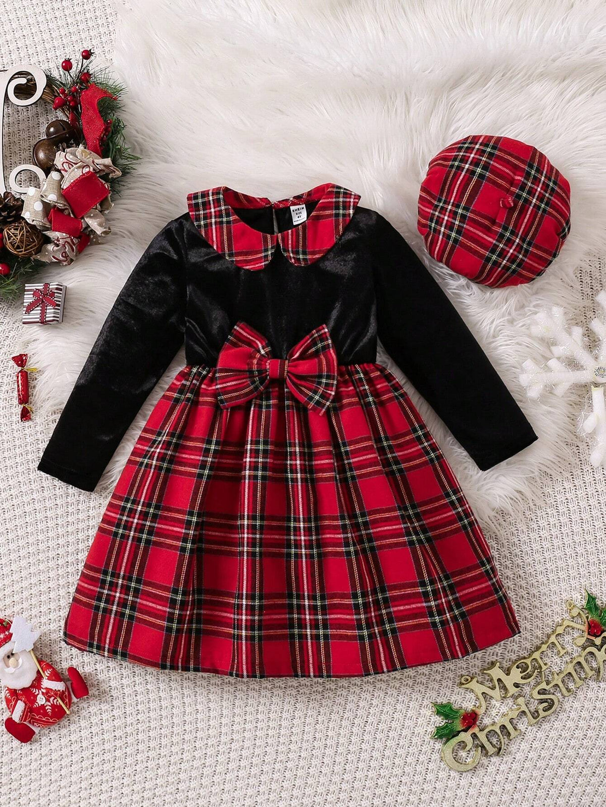 2pcs Young Girl' Casual Christmas Velvet Splice Plaid Pinafore Dress + Plaid Beret Hat Set, Suitable For Christmas Party, Casual Wear, And Layering With Coats