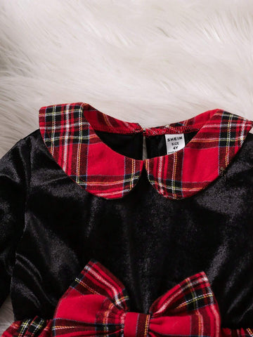 2pcs Young Girl' Casual Christmas Velvet Splice Plaid Pinafore Dress + Plaid Beret Hat Set, Suitable For Christmas Party, Casual Wear, And Layering With Coats