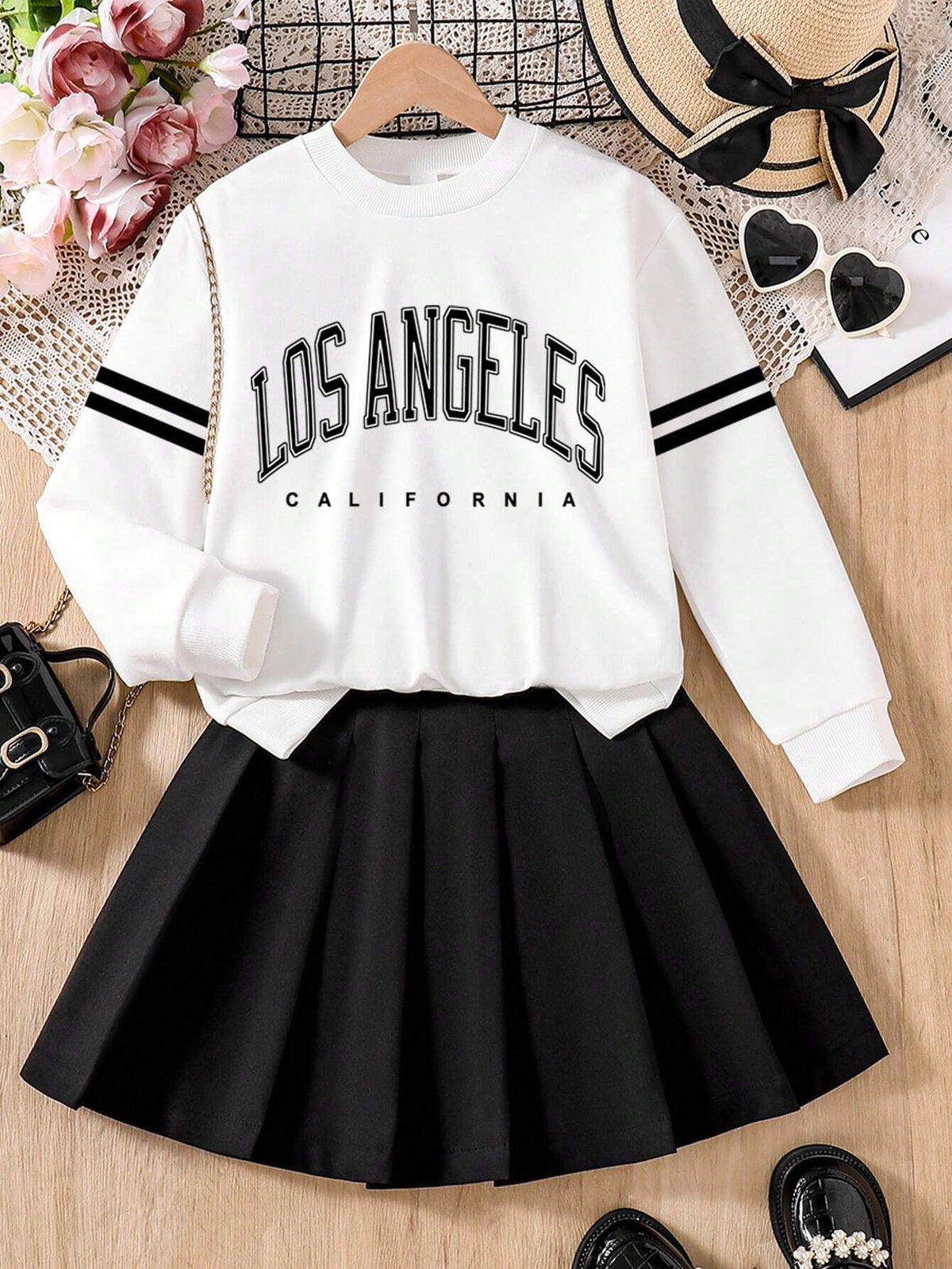 2pcs Young Girl Casual Letter Print Crew Neck Sweatshirt And Pleated Skirt Set, Spring/Fall
