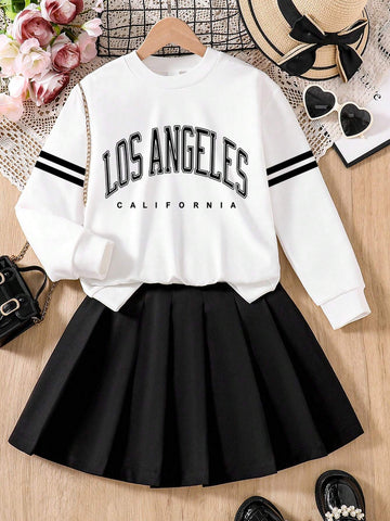 2pcs Young Girl Casual Letter Print Crew Neck Sweatshirt And Pleated Skirt Set, Spring/Fall