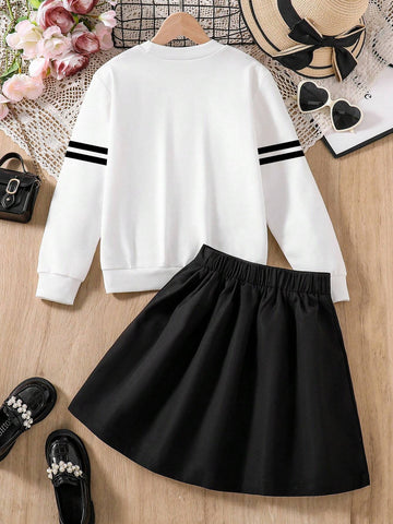 2pcs Young Girl Casual Letter Print Crew Neck Sweatshirt And Pleated Skirt Set, Spring/Fall