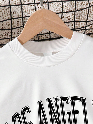 2pcs Young Girl Casual Letter Print Crew Neck Sweatshirt And Pleated Skirt Set, Spring/Fall