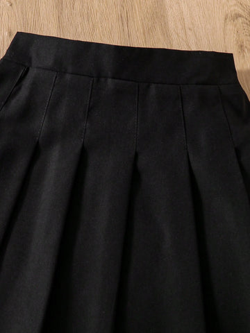 2pcs Young Girl Casual Letter Print Crew Neck Sweatshirt And Pleated Skirt Set, Spring/Fall