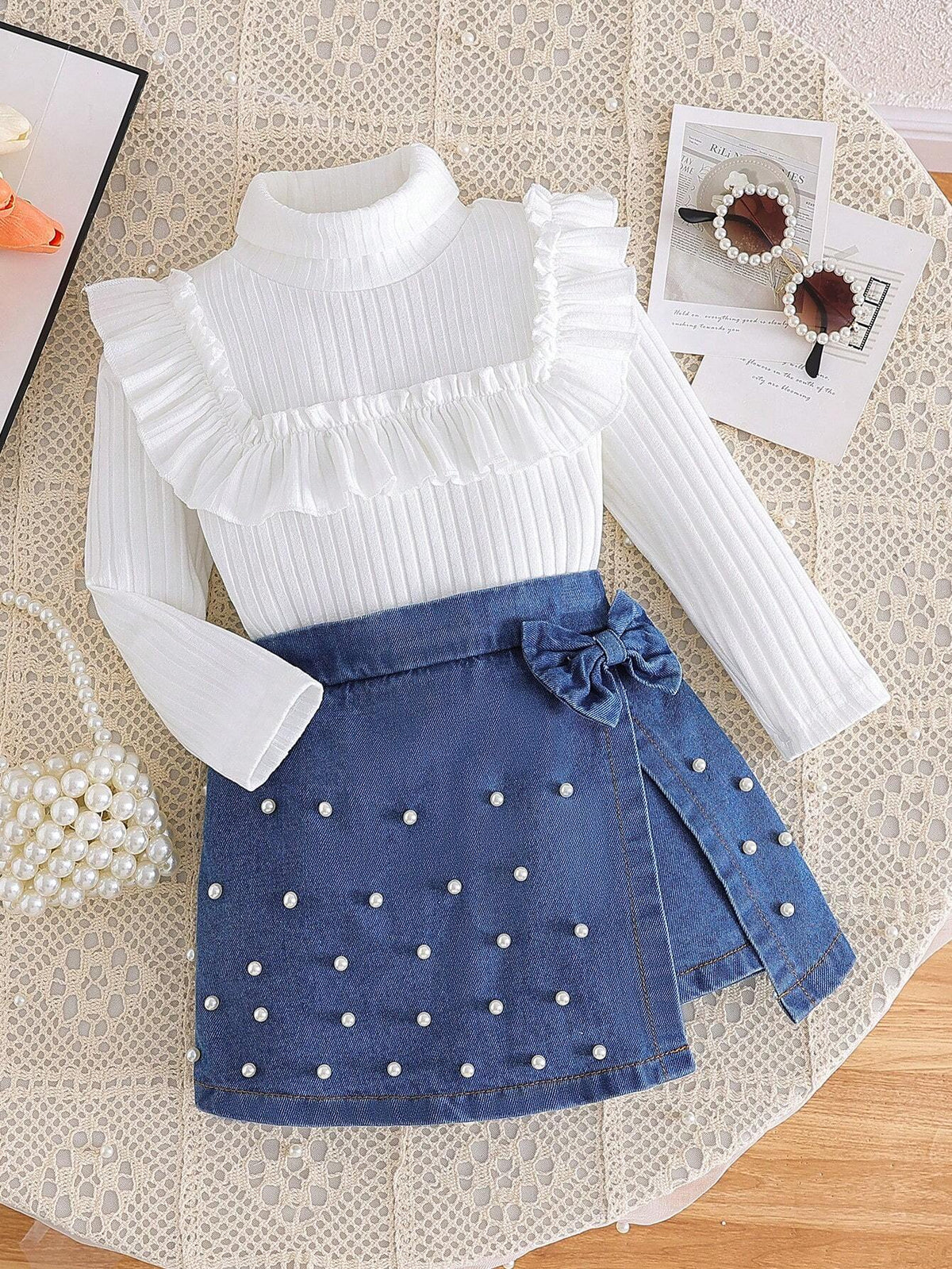 2pcs Young Girl Casual Long Sleeve Top & Denim Skort Set