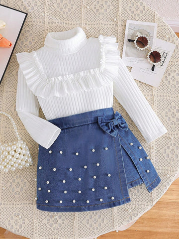 2pcs Young Girl Casual Long Sleeve Top & Denim Skort Set