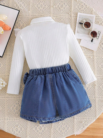 2pcs Young Girl Casual Long Sleeve Top & Denim Skort Set