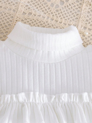 2pcs Young Girl Casual Long Sleeve Top & Denim Skort Set