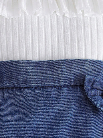 2pcs Young Girl Casual Long Sleeve Top & Denim Skort Set