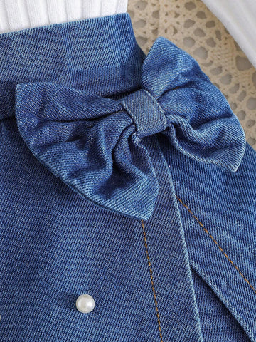 2pcs Young Girl Casual Long Sleeve Top & Denim Skort Set