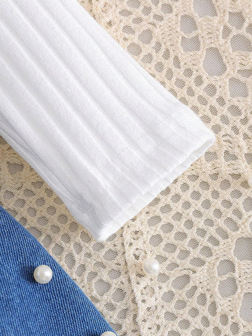 2pcs Young Girl Casual Long Sleeve Top & Denim Skort Set