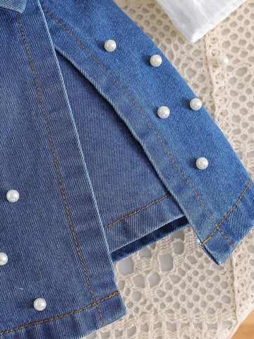 2pcs Young Girl Casual Long Sleeve Top & Denim Skort Set