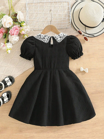 2pcs Young Girl Casual Ruffled Collar Puff Sleeve Dress + Matching Minimalist Tote Bag Set
