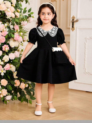 2pcs Young Girl Casual Ruffled Collar Puff Sleeve Dress + Matching Minimalist Tote Bag Set