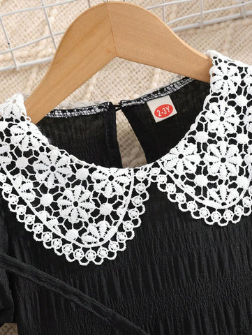 2pcs Young Girl Casual Ruffled Collar Puff Sleeve Dress + Matching Minimalist Tote Bag Set