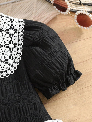 2pcs Young Girl Casual Ruffled Collar Puff Sleeve Dress + Matching Minimalist Tote Bag Set