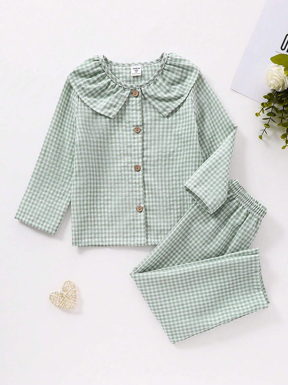 2pcs Young Girl Classic Plaid Fabric Comfy Long Sleeve Shirt And Pants Homewear Set