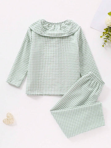 2pcs Young Girl Classic Plaid Fabric Comfy Long Sleeve Shirt And Pants Homewear Set