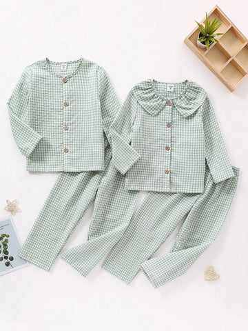 2pcs Young Girl Classic Plaid Fabric Comfy Long Sleeve Shirt And Pants Homewear Set