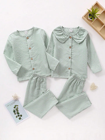 2pcs Young Girl Classic Plaid Fabric Comfy Long Sleeve Shirt And Pants Homewear Set