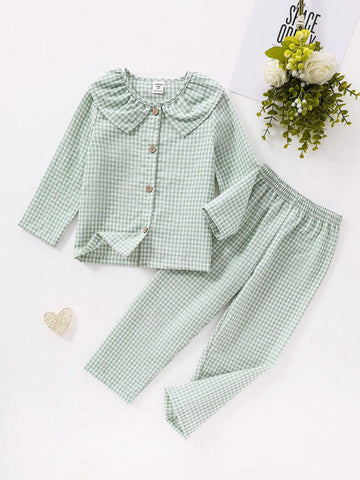 2pcs Young Girl Classic Plaid Fabric Comfy Long Sleeve Shirt And Pants Homewear Set