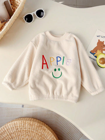 2pcs Young Girl Embroidered Letter Warm Winter Sleepwear Set, Fleece Lined Pajamas For Boys And Girls, Fall/Winter