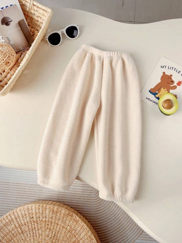 2pcs Young Girl Embroidered Letter Warm Winter Sleepwear Set, Fleece Lined Pajamas For Boys And Girls, Fall/Winter