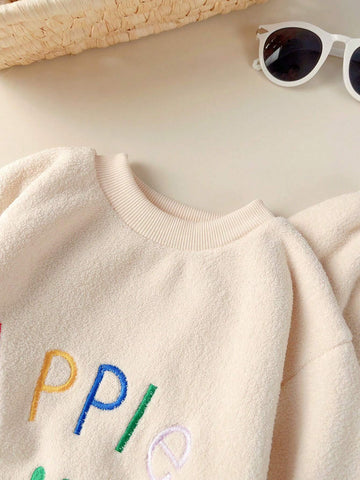 2pcs Young Girl Embroidered Letter Warm Winter Sleepwear Set, Fleece Lined Pajamas For Boys And Girls, Fall/Winter