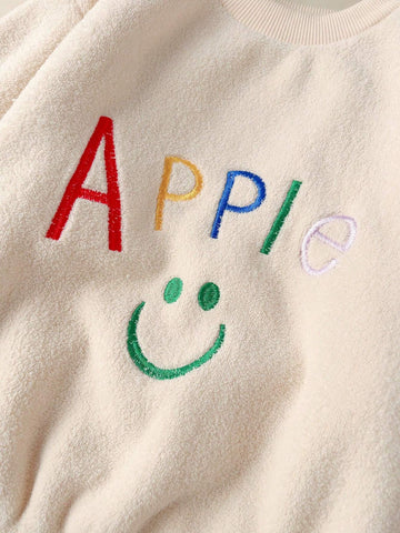 2pcs Young Girl Embroidered Letter Warm Winter Sleepwear Set, Fleece Lined Pajamas For Boys And Girls, Fall/Winter