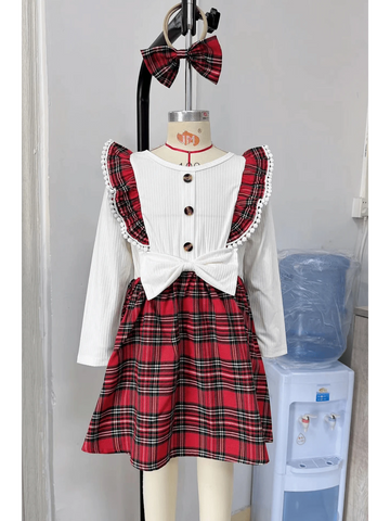 2pcs Young Girl Fashion Casual Plaid Patchwork Bow Decor Dress & Matching Bow Headband Set