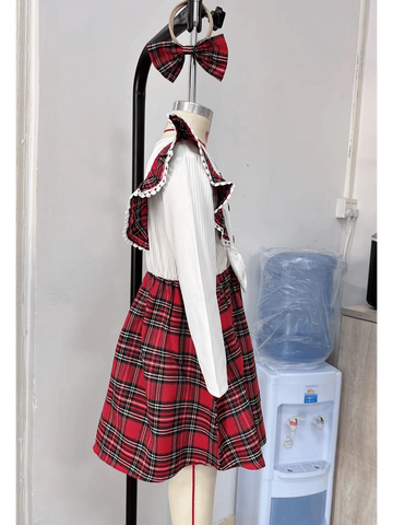 2pcs Young Girl Fashion Casual Plaid Patchwork Bow Decor Dress & Matching Bow Headband Set