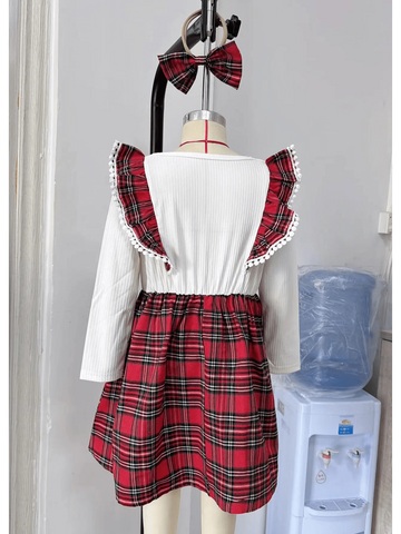 2pcs Young Girl Fashion Casual Plaid Patchwork Bow Decor Dress & Matching Bow Headband Set