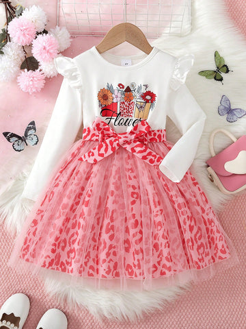 2pcs Young Girl Fashion Casual Solid Color Knit Flower & Letter Print Contrast Mesh Skirt Hem Lining Dress