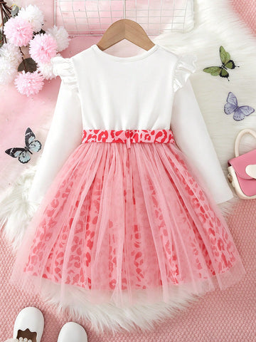 2pcs Young Girl Fashion Casual Solid Color Knit Flower & Letter Print Contrast Mesh Skirt Hem Lining Dress