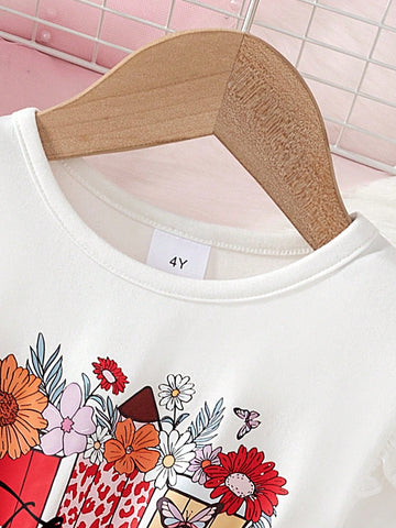 2pcs Young Girl Fashion Casual Solid Color Knit Flower & Letter Print Contrast Mesh Skirt Hem Lining Dress