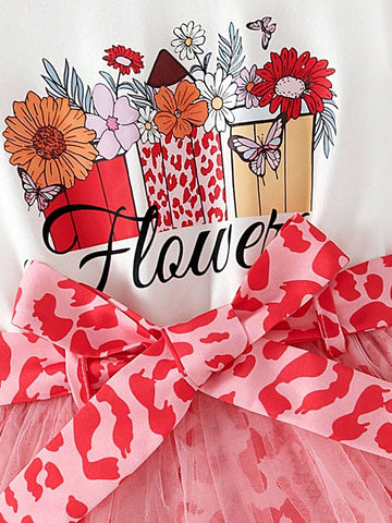 2pcs Young Girl Fashion Casual Solid Color Knit Flower & Letter Print Contrast Mesh Skirt Hem Lining Dress