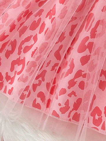 2pcs Young Girl Fashion Casual Solid Color Knit Flower & Letter Print Contrast Mesh Skirt Hem Lining Dress