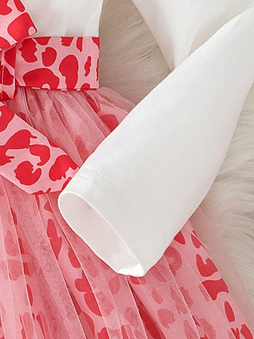 2pcs Young Girl Fashion Casual Solid Color Knit Flower & Letter Print Contrast Mesh Skirt Hem Lining Dress