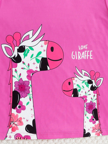 2pcs Young Girl Girls Casual Giraffe Print Bell Sleeve Top And Long Pants Outfit, Cute Autumn/Winter Set