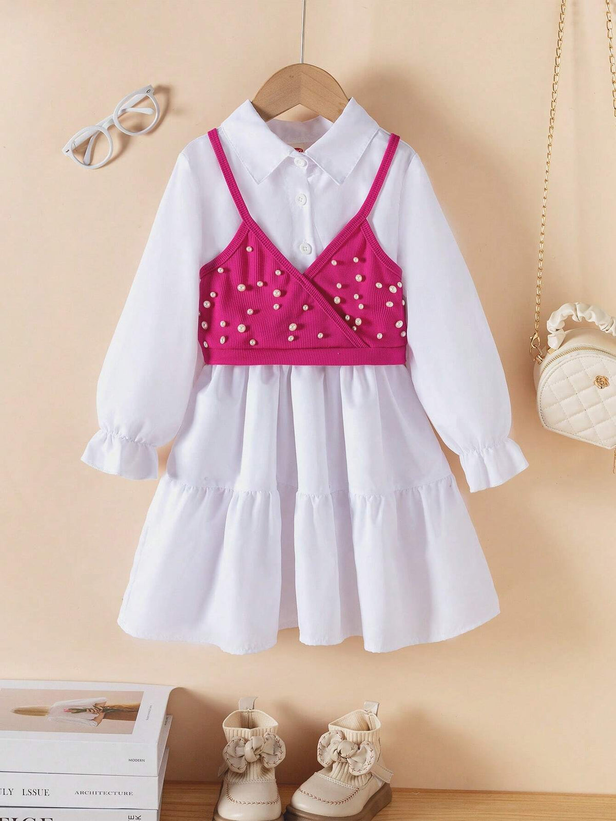 2pcs Young Girl Girls Casual Solid Color Lapel Long Sleeve Dress + Fashion Beaded Suspender Top Set